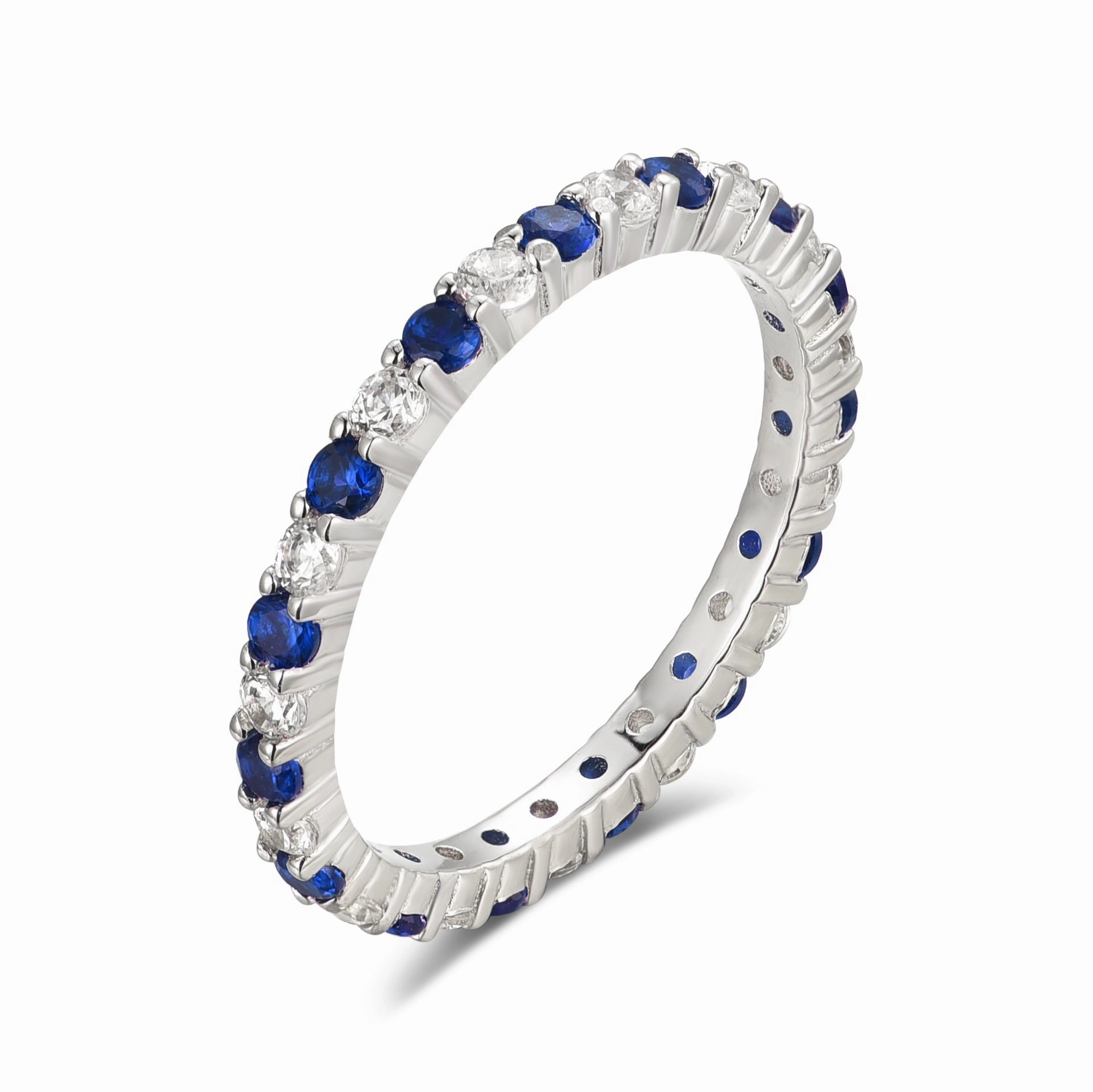 Minimalist Design Secure Item Rhodium Plated Sterling Silver Alternating Clear and Colorful CZ Eternity Band Ring