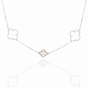 Rhodium Plated Sterling Silver Mother of Pearl Clover Necklace Festival Accent