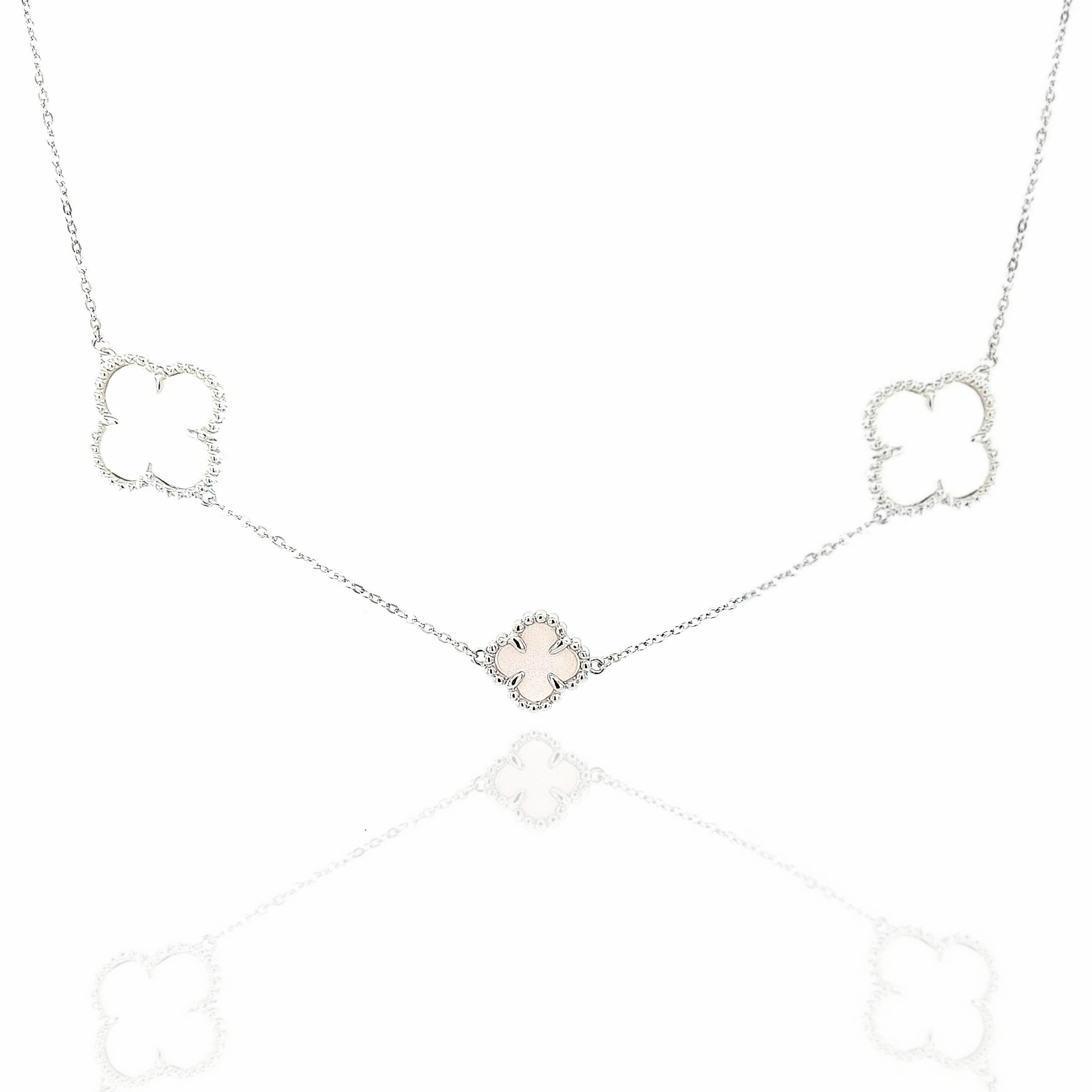 Rhodium Plated Sterling Silver Mother of Pearl Clover Necklace Festival Accent