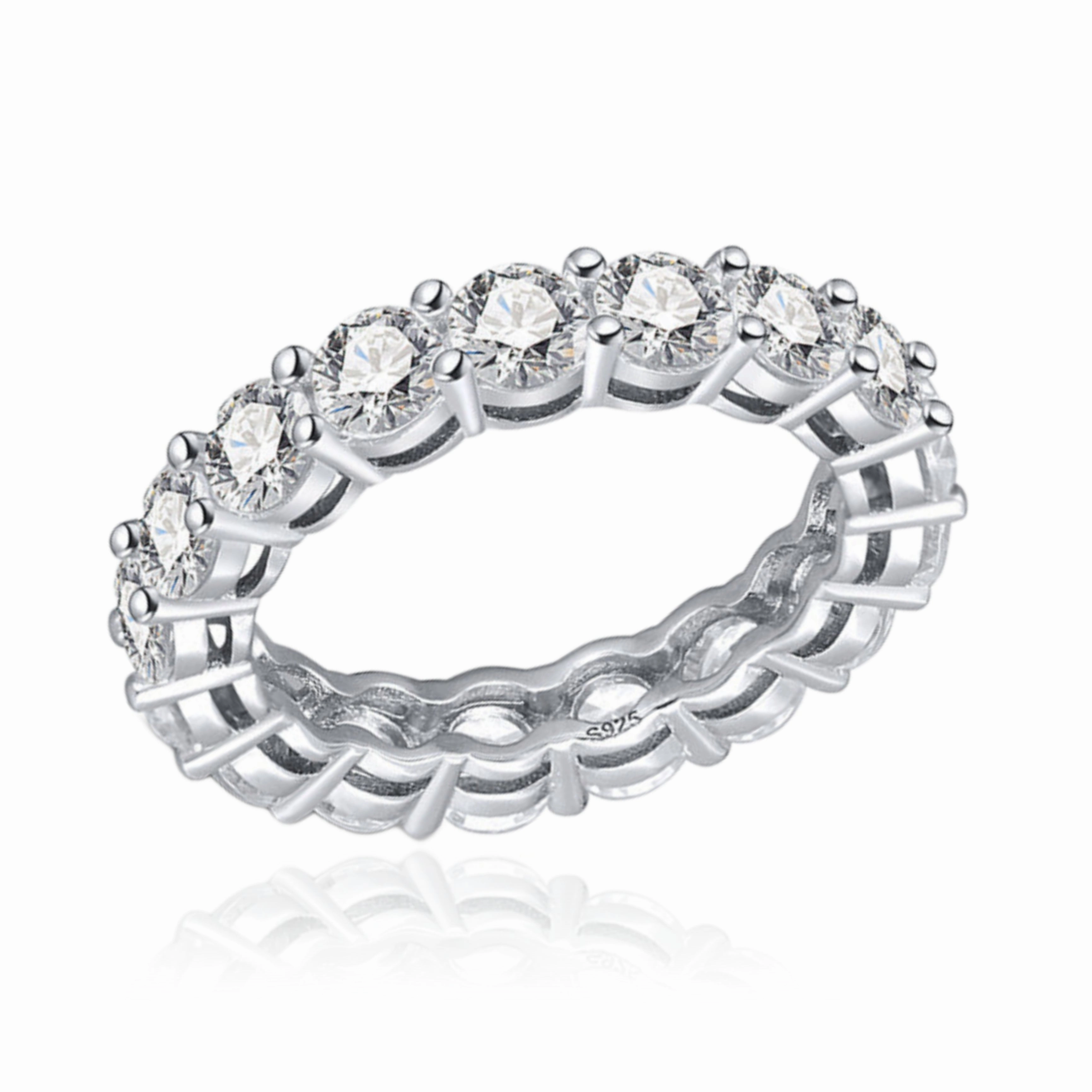 Rhodium Plated Sterling Silver Ring 4mm CZ Eternity Band Ring in Airline Setting Ornate Item Wonderful Expression
