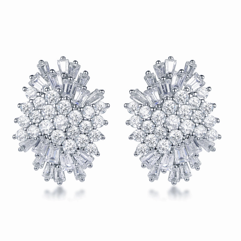 Metallic Jewelry Rhodium Plated Sterling Silver Round and Baguette CZ Cluster Stud Earrings