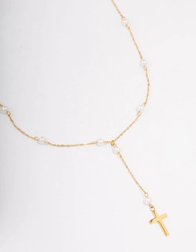 Enduring Shine Light tone Waterproof Gold Plated Stainless Steel Pearl Station Cross Necklace