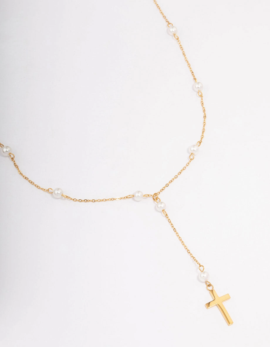 Enduring Shine Light tone Waterproof Gold Plated Stainless Steel Pearl Station Cross Necklace