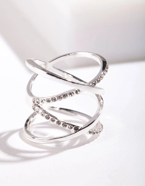 Classic Art Silver Diamante Double Cross Ring