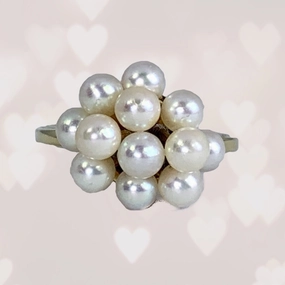 1950s Pearl Cluster Ring set in 14k Yellow Gold. Estate Fine Jewelry. June Birthstone. 4th Anniversary Gift. Stunning Style Cozy Style