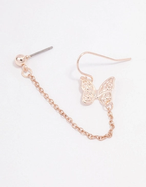 Rose Gold Butterfly Drop Chain Earrings Decorative Decoration