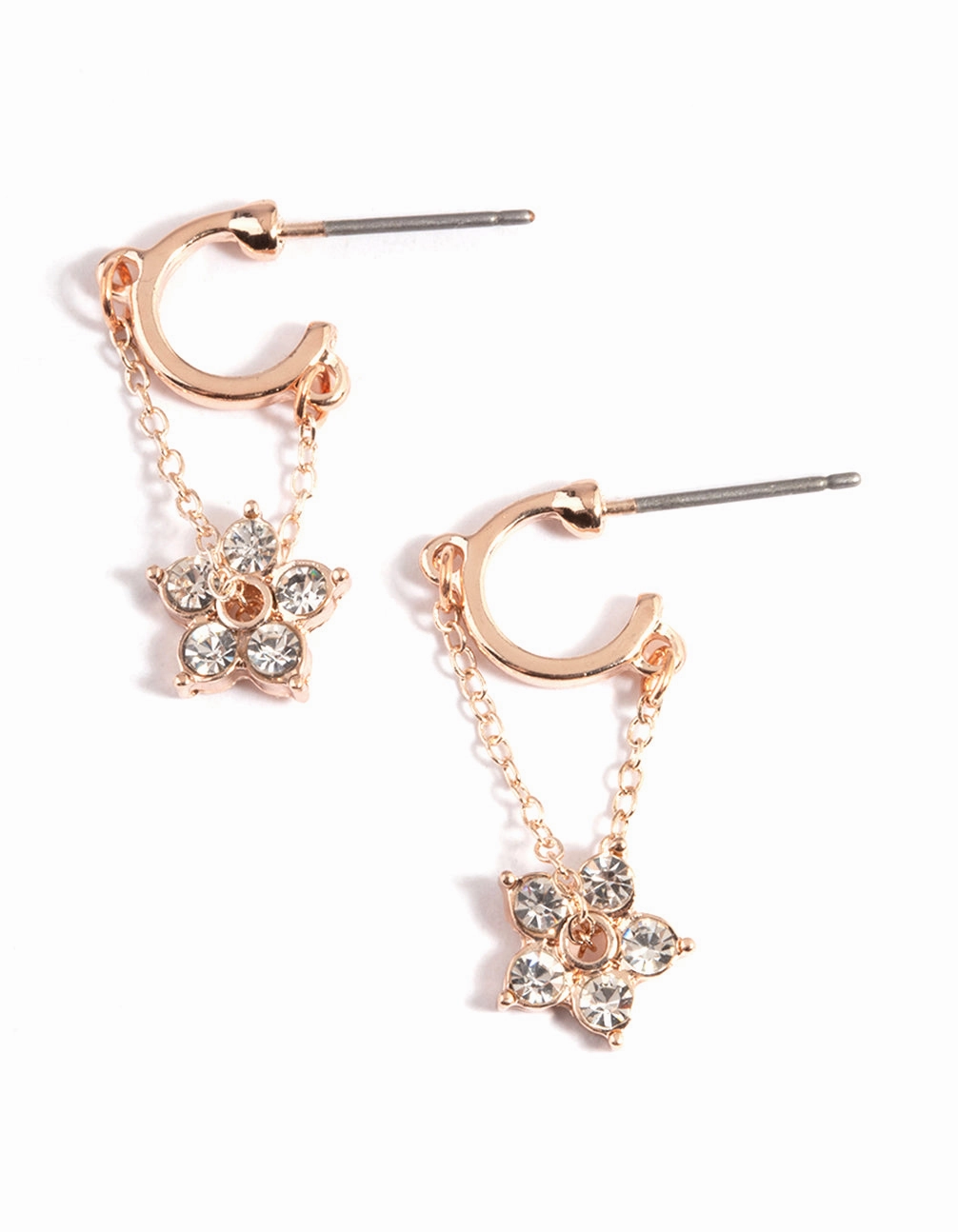 Contemporary piece Rose Gold Diamante Flower Chain Huggie Earrings