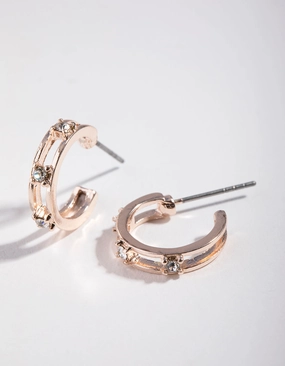 Shiny Creation Rose Gold Diamante Ladder Huggie Earrings
