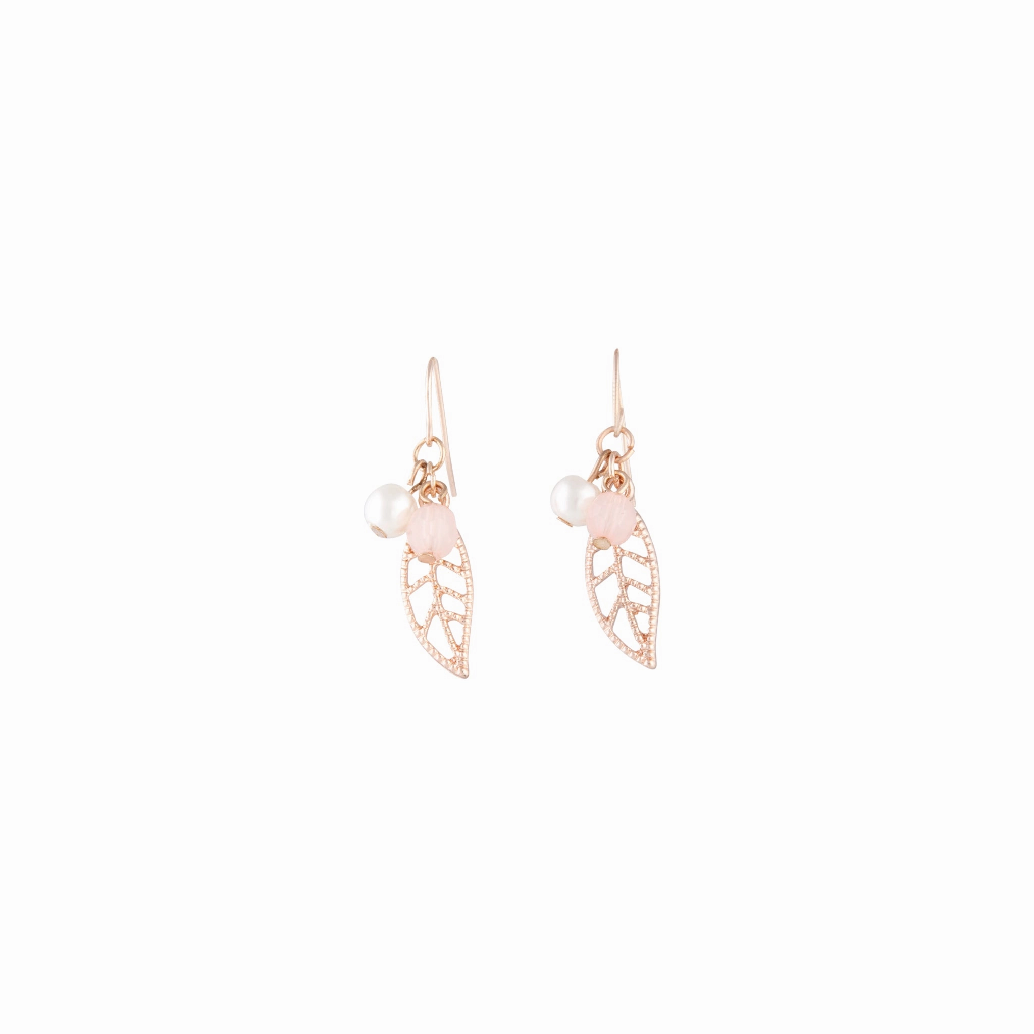 Stunning Accessory Radiant Finish Rose Gold Pink Bead Leaf Drop Earrings