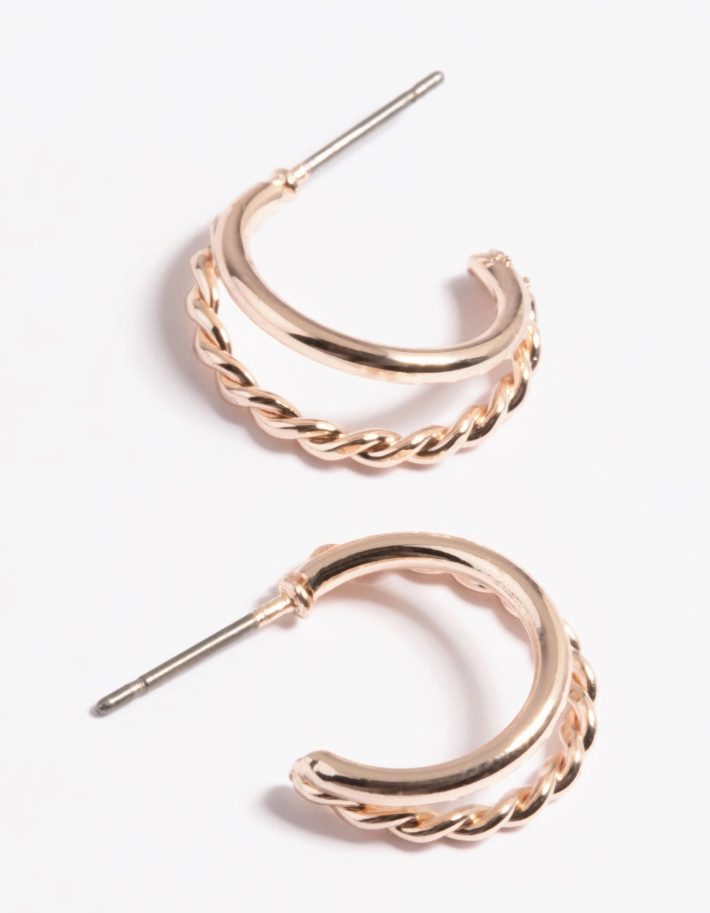 Glossy Piece Substantial Trinket Rose Gold Plain & Twist Double Huggie Earrings