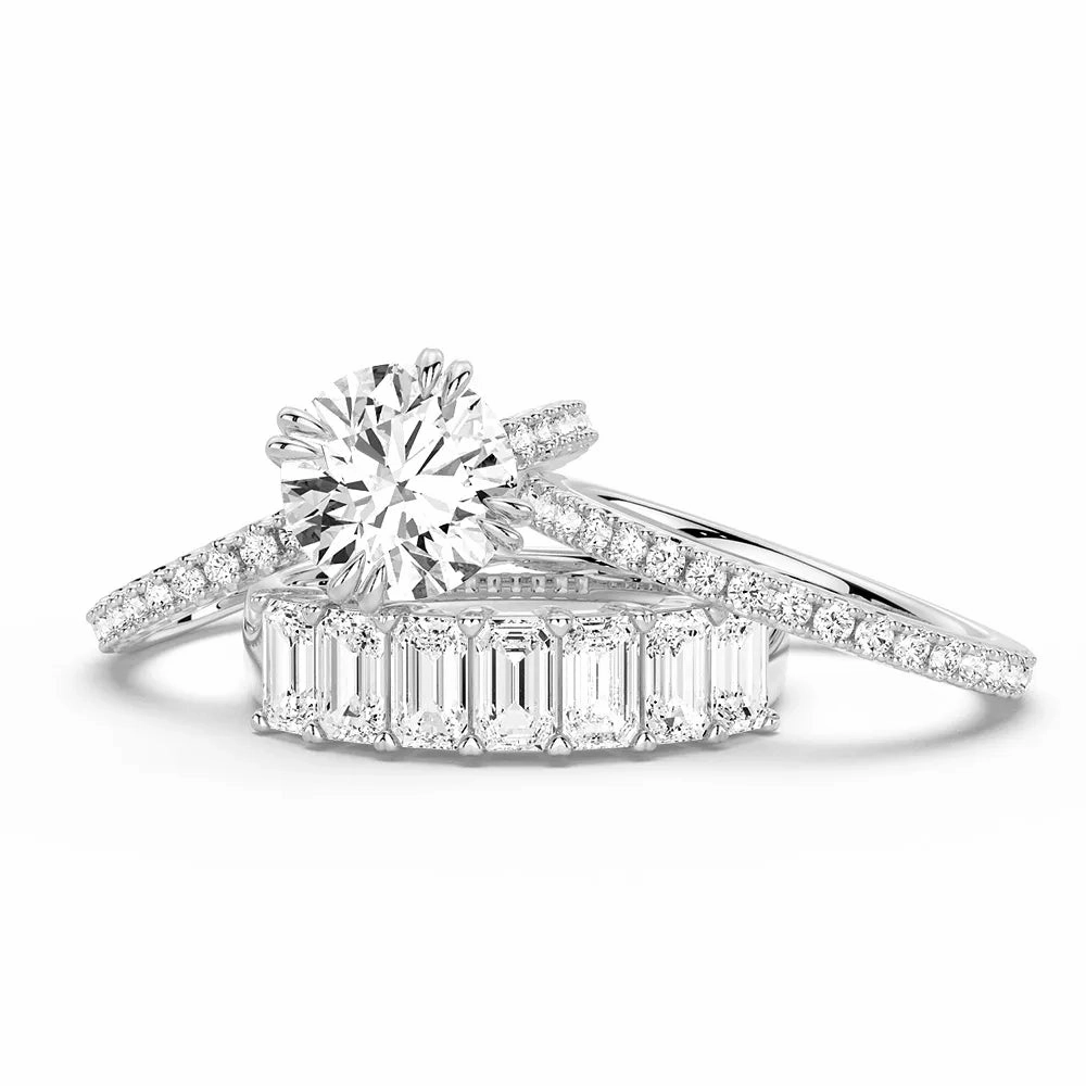 Convenient Look Round Cut Moissanite Ring Set with Matching Stacking Band