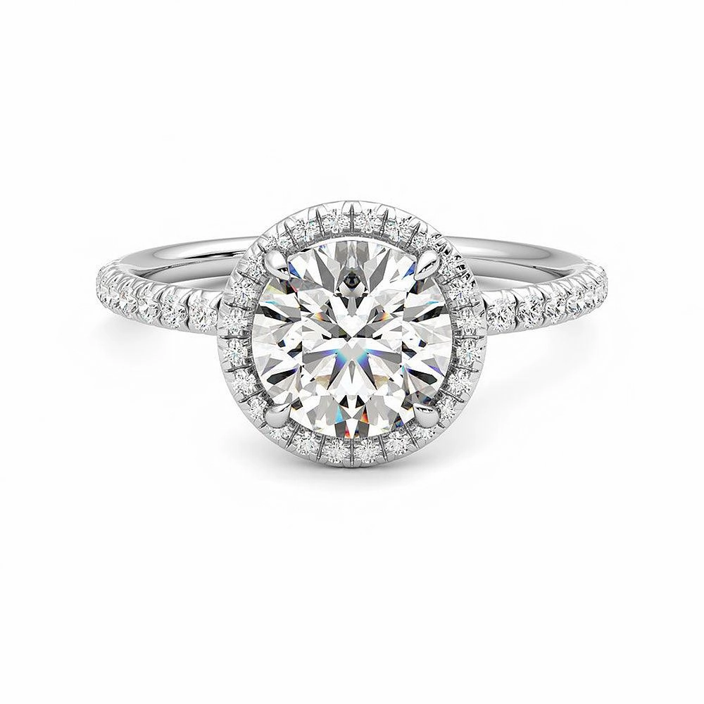 Round Halo Moissanite Engagement Ring with Hidden Anniversary Stone Accent Luxe Finish