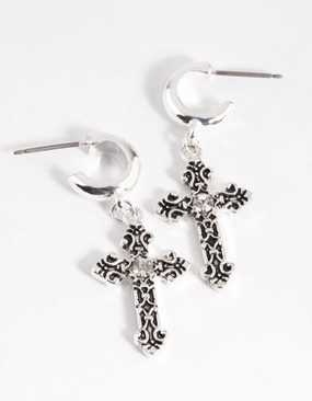 Gorgeous Accent Lightweight Finish Textured Cross Huggie Earrings