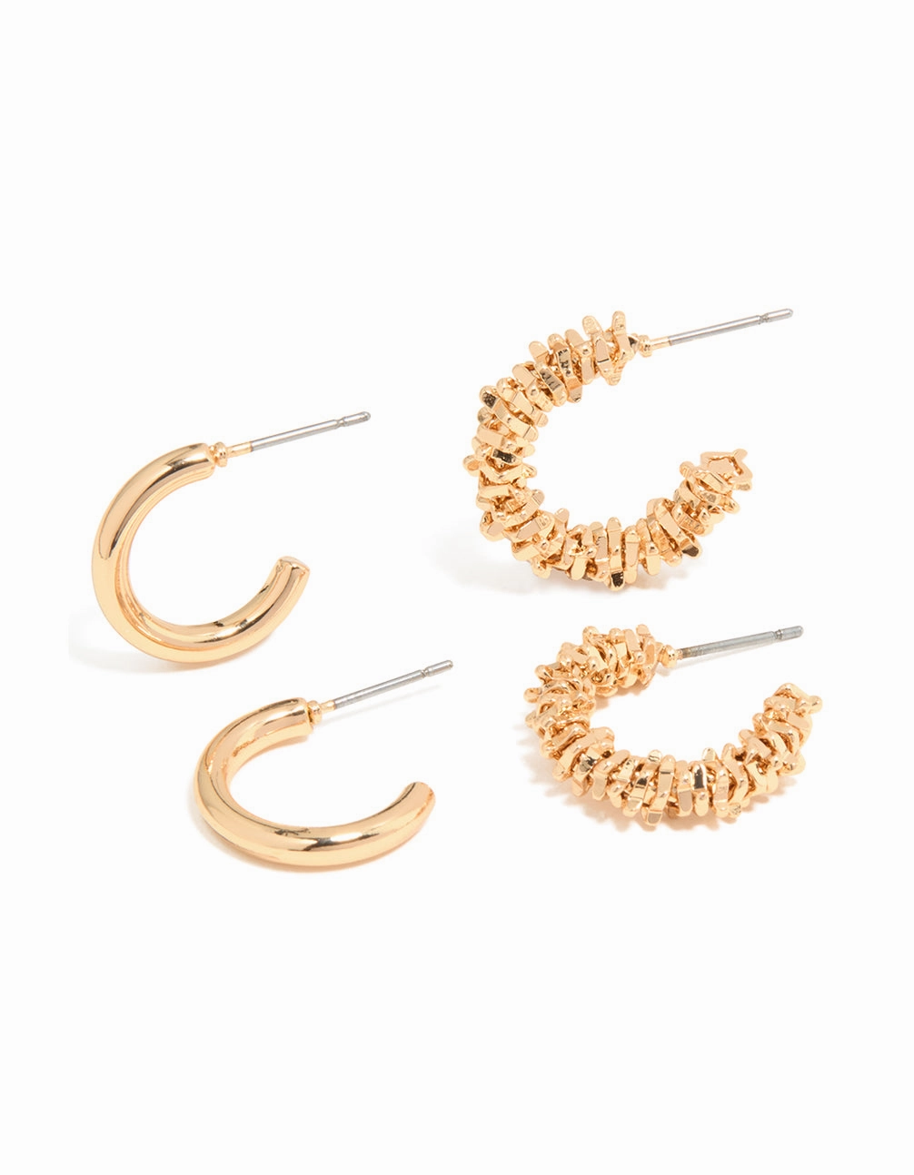Minimalist Style Ornate Ornament Gold Smooth & Molten Textured Hoop Earrings 2-Pack