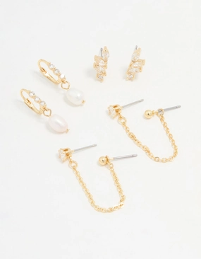 Gold Plated Cubic Zirconia Marquise Freshwater Pearl Earrings 3-Pack Refined Shape Understated Form