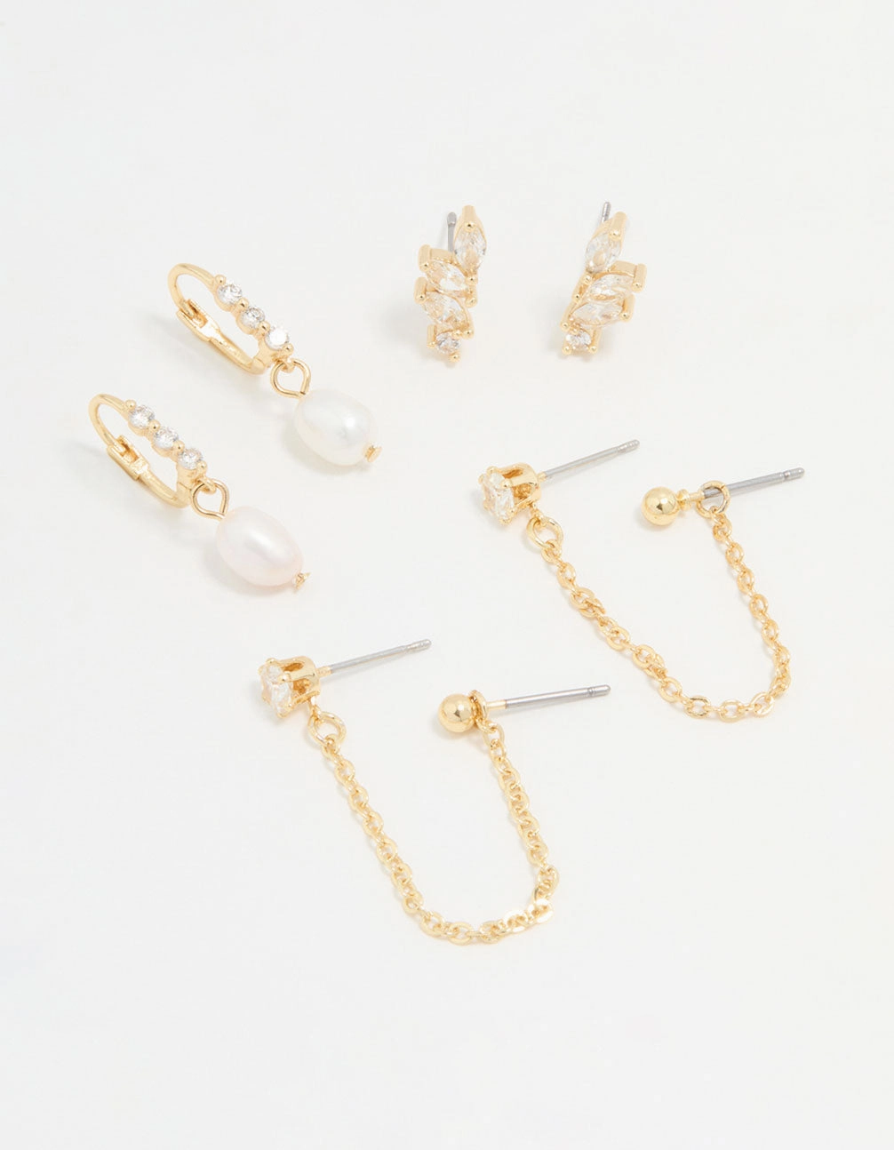 Gold Plated Cubic Zirconia Marquise Freshwater Pearl Earrings 3-Pack Refined Shape Understated Form