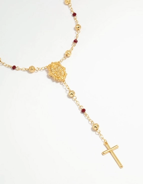 Gold Plated Rose Beaded Locket Cross Y-Necklace Formal Event Piece