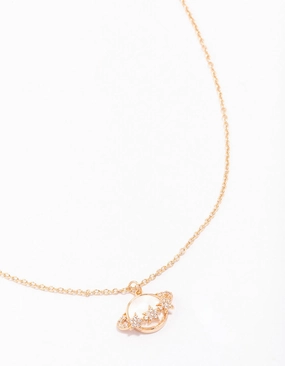 Gold Planet Shell Pendant Necklace Winter Holiday Accessory Beaded Strand