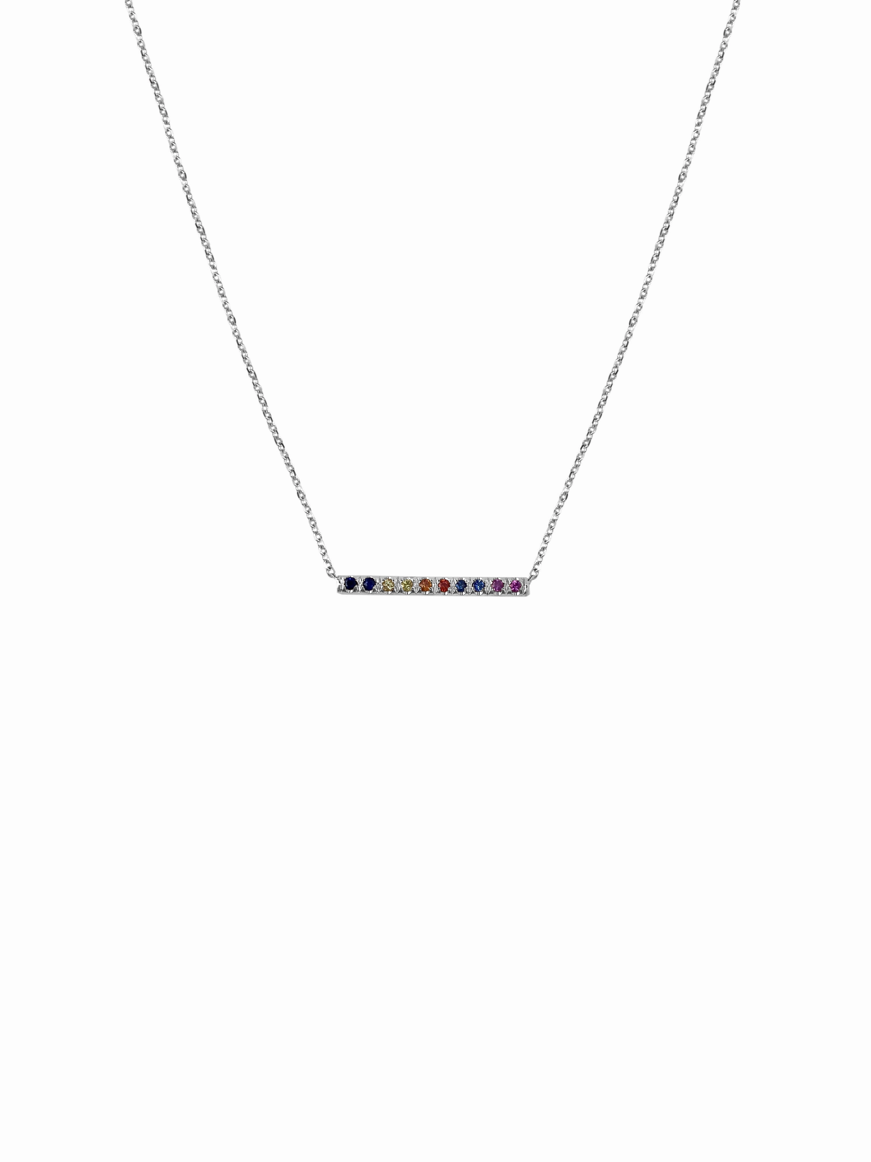 14K Gold Mini Micro pave Sapphire Bar Necklace Fashion Style Statement Style