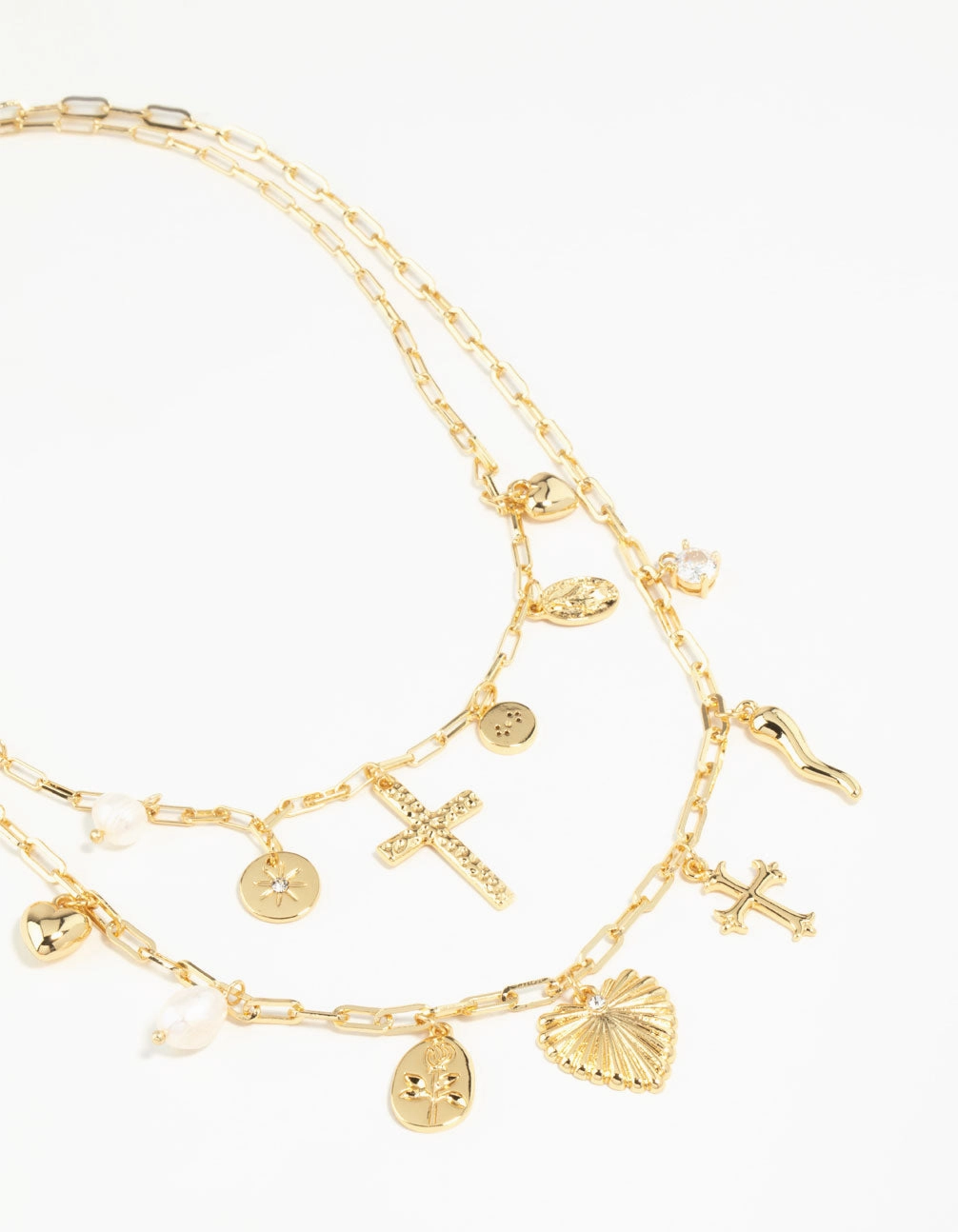 Gold Plated Freshwater Pearl, Cross & Heart Charm Necklace Cool Fit bright light