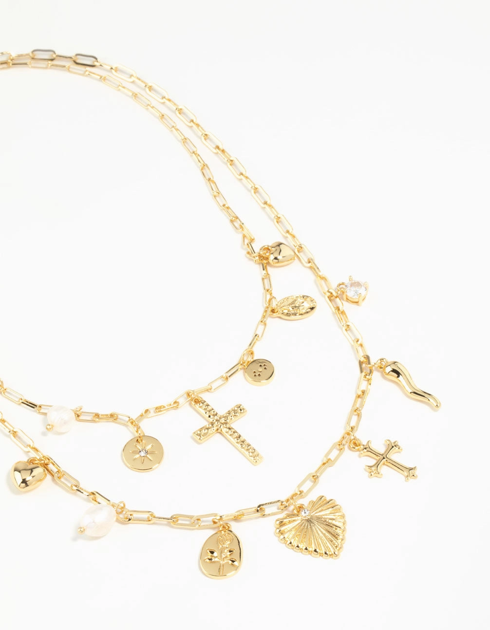 Gold Plated Freshwater Pearl, Cross & Heart Charm Necklace Knotted Piece For Teen