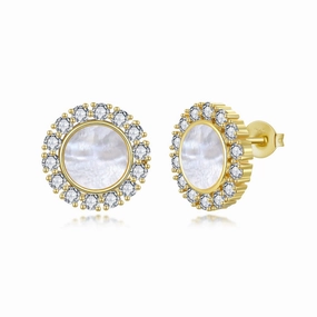 Spiral Ornament Sturdy Appearance Gold Plated Sterling Silver Mother of Pearl With CZ Stud Earring