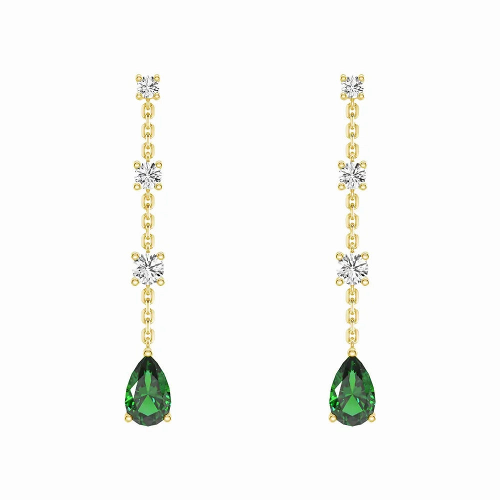 Glittery Adornment Tiered Diamond Cascade Stud Earrings with Trembling Lab Emerald Drop