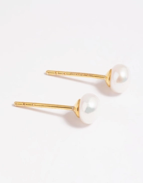 Gold Plated Sterling Silver Freshwater Pearl Stud Earrings Refined Texture