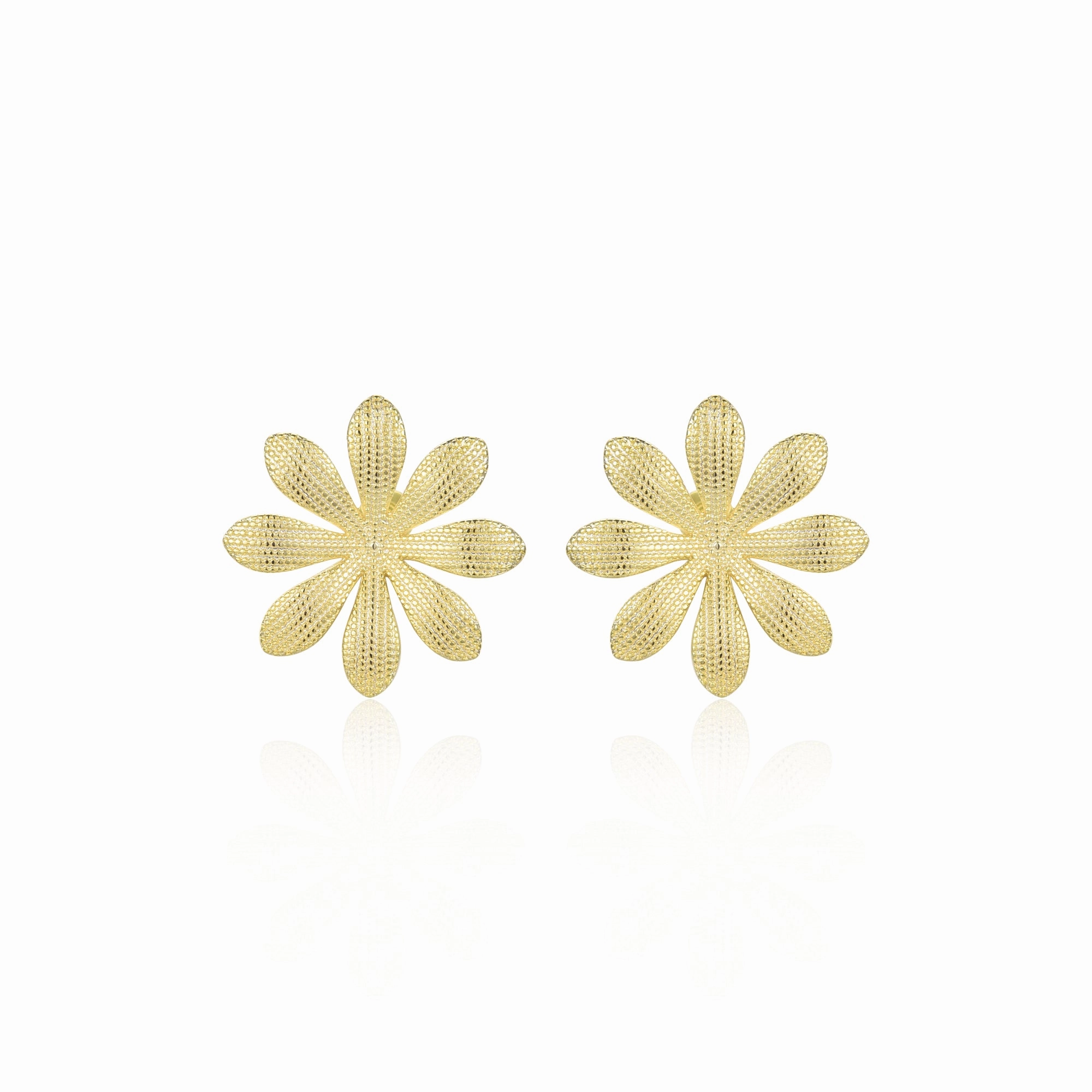 Lustrous Embellishment Opulent Adornment Surgical Steel Gold Plated Large Textured Flower Stud Earrings