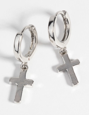 Abstract Ornament Vintage Piece Silver Cross Huggie Hoop Earrings