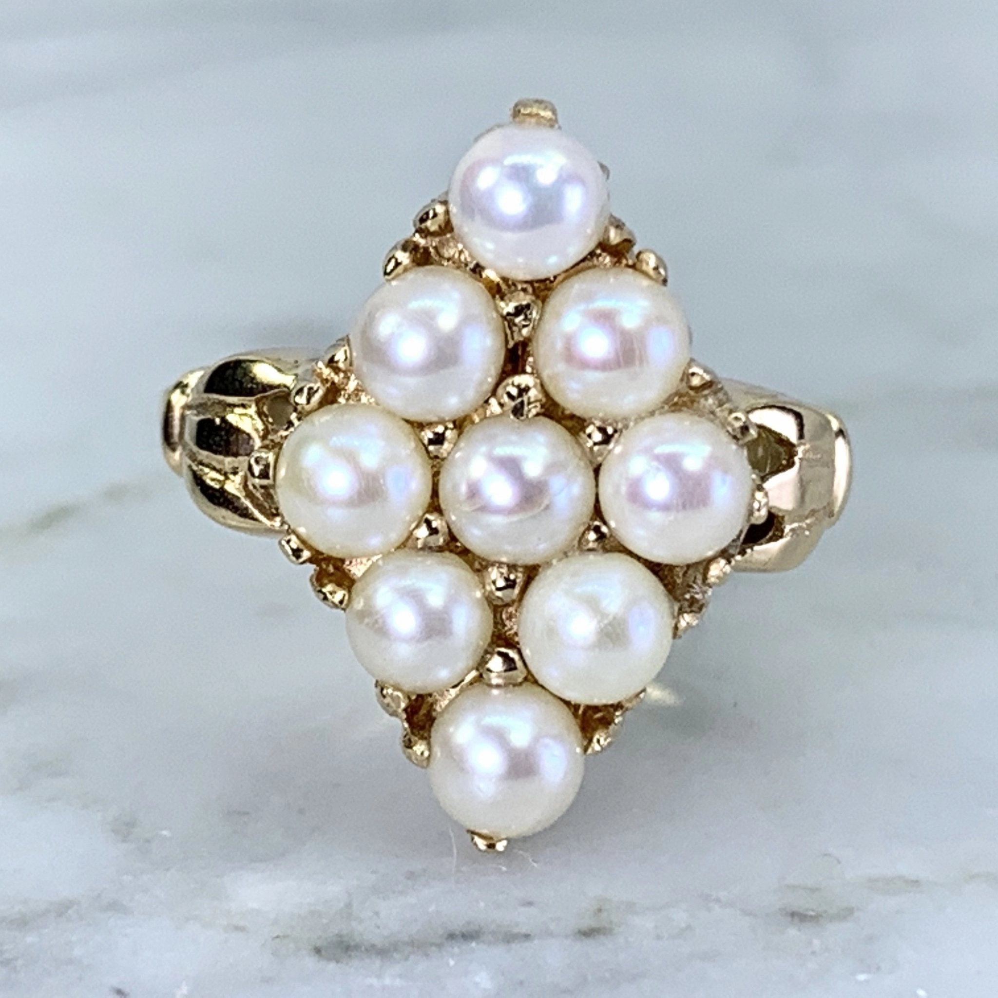 Chic Flair Pearl Cluster Ring in 14K Yellow Gold. Estate Jewelry.  June Birthstone. Unique Engagement Ring.