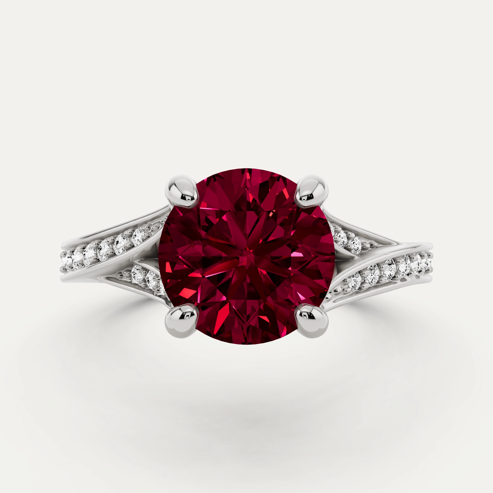 2 1/6 ctw Round Created Ruby Contemporary Split Shank Side Stone Engagement Ring Lustrous Craft