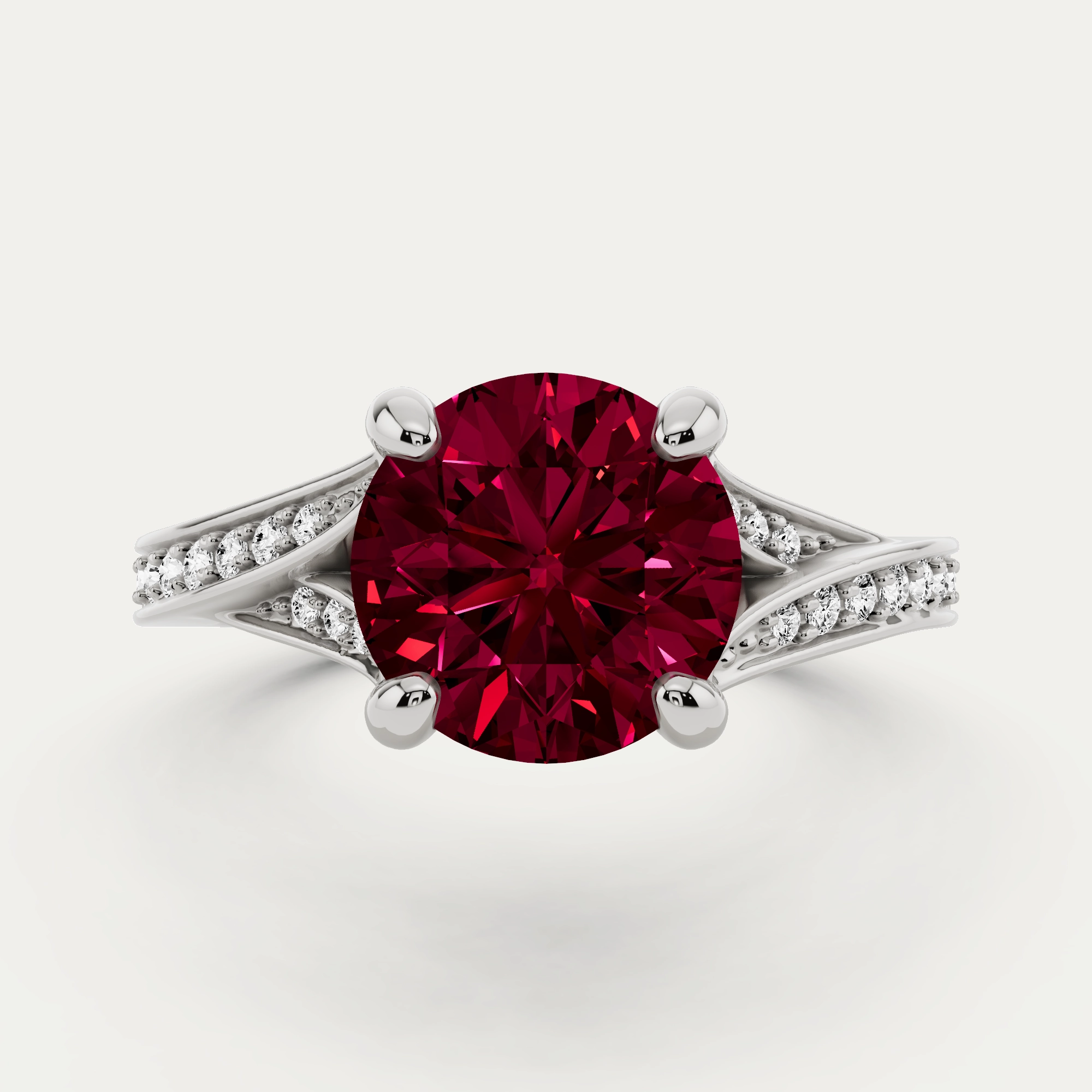 Fashion Detail Lustrous Touch 2 1/6 ctw Round Created Ruby Contemporary Split Shank Side Stone Engagement Ring