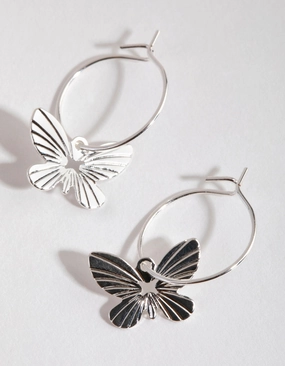 Silver Butterfly Huggie Hoop Earrings Linear Accessory Glittering Aesthetic