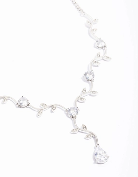 Group Event Jewelry Silver Cubic Zirconia Floral Teardrop Y-Shape Necklace