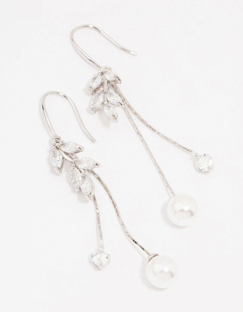 Silver Cubic Zirconia Leaf & Pearl Drop Earrings Gloss Edge