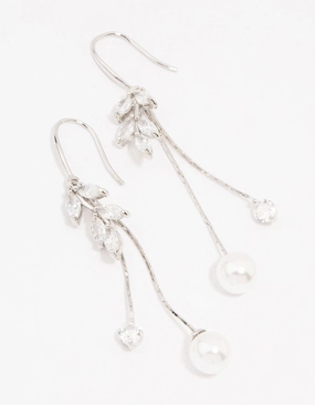 Silver Cubic Zirconia Leaf & Pearl Drop Earrings Gloss Edge