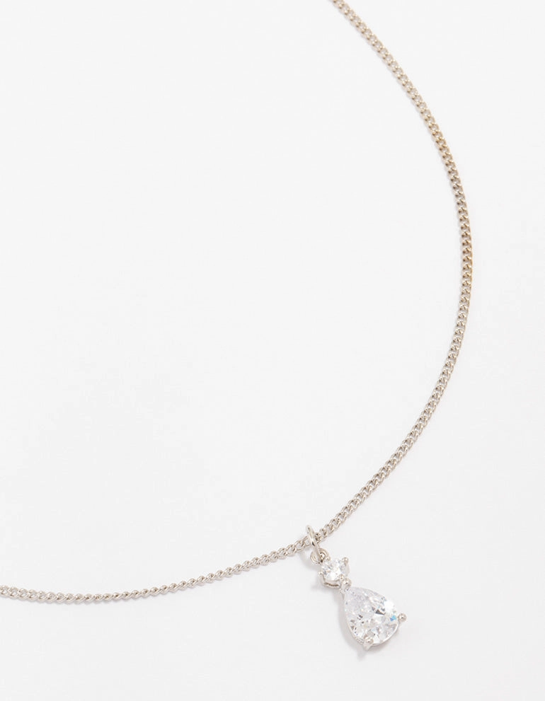 Silver Cubic Zirconia Pear Pendant Necklace Valentine Item
