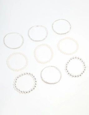 Silver Diamante & Pearl Ball Bracelets 9-Pack Special Day Versatile Touch