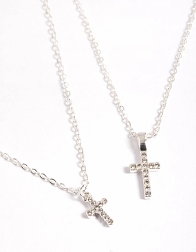 Lovely Accessory Silver Diamante Cross Layered Necklace