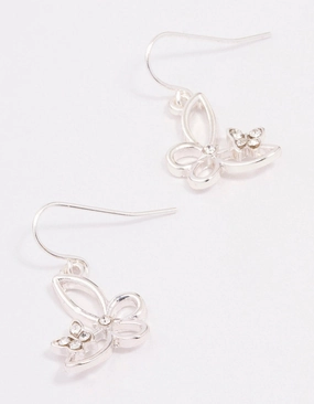 Silver Diamante Cut Butterfly Drop Earrings Lovely Adornment Ornate Accessory