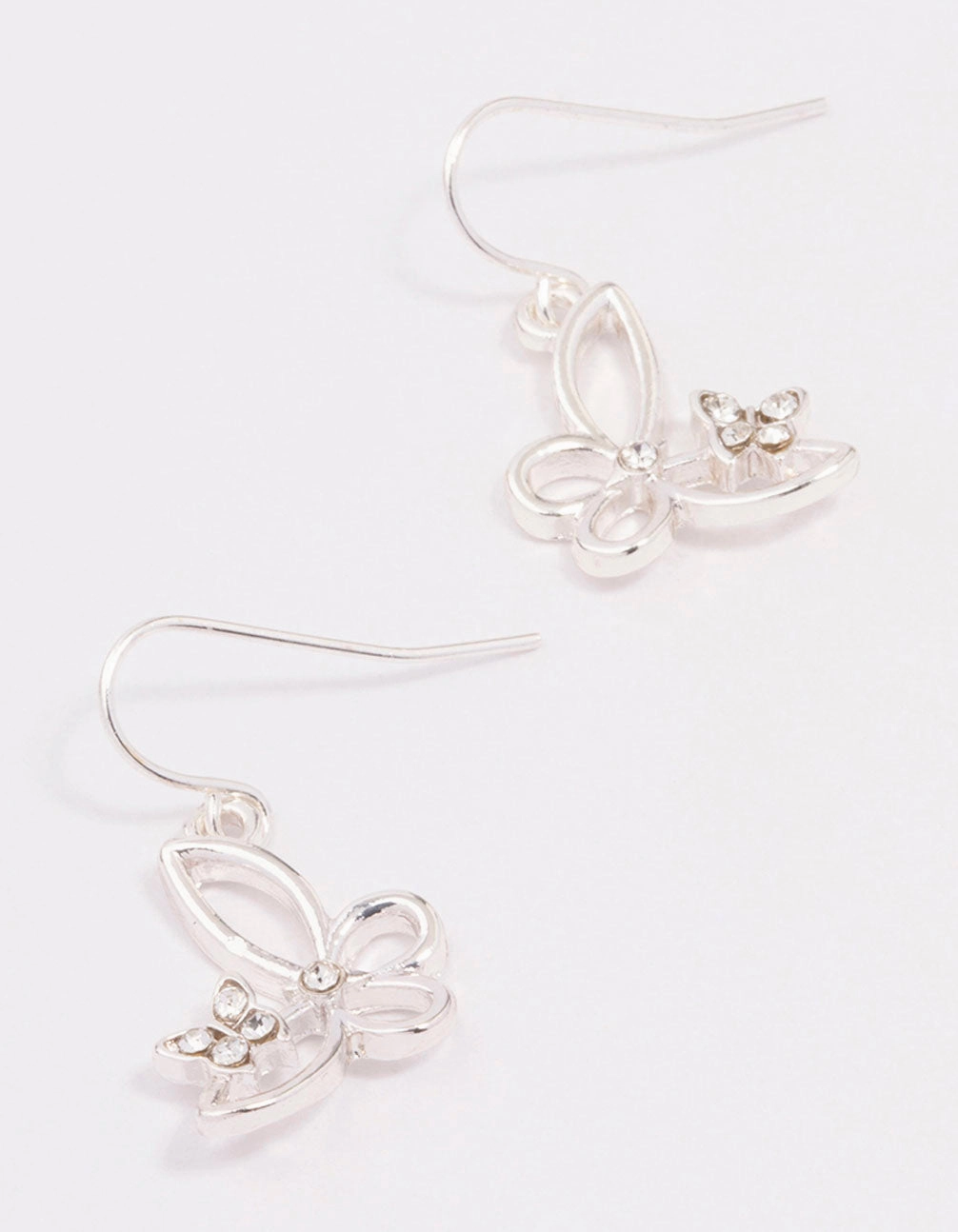 Silver Diamante Cut Butterfly Drop Earrings Lovely Adornment Ornate Accessory