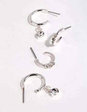 Durable Element Opulent Accessory Silver Diamante Detail Hoop Earring Pack