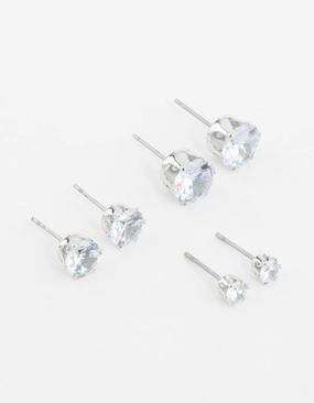 Attractive Piece Futuristic Decoration Silver Diamante Mixed Size Stud Earrings 3-Pack