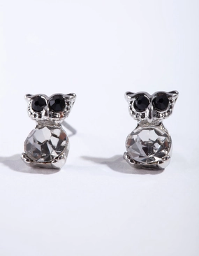 Silver Diamante Owl Stud Earrings Retro Ornament