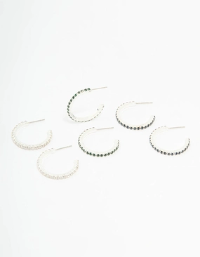 Silver Emerald Diamante Pav?? Hoop Earrings 3-Pack Lightweight Essential