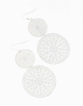 Silver Filigree Statement Disc Drop Earrings Retro Jewelry Sparkling Decor