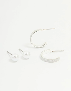 Unique Design Silver Glitter Paper & Pearl Stud Earrings 2-Pack