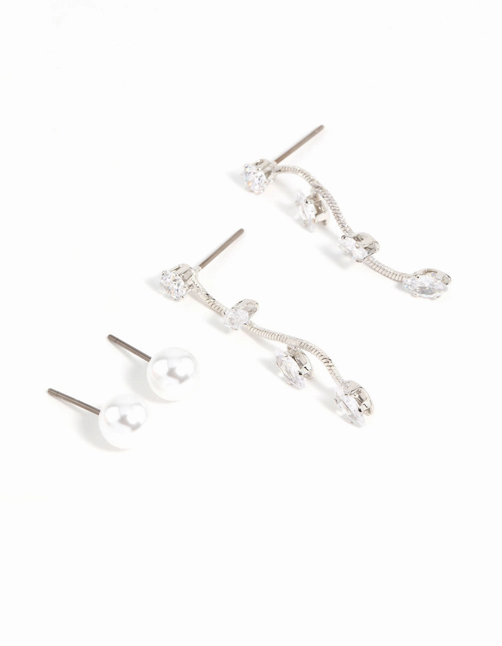 Silver Pearl & Cubic Zirconia Vine Drop Earrings 2-Pack Glossy Trinket