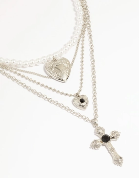 Dainty Accent Silver Pearl Cross Layered Necklace